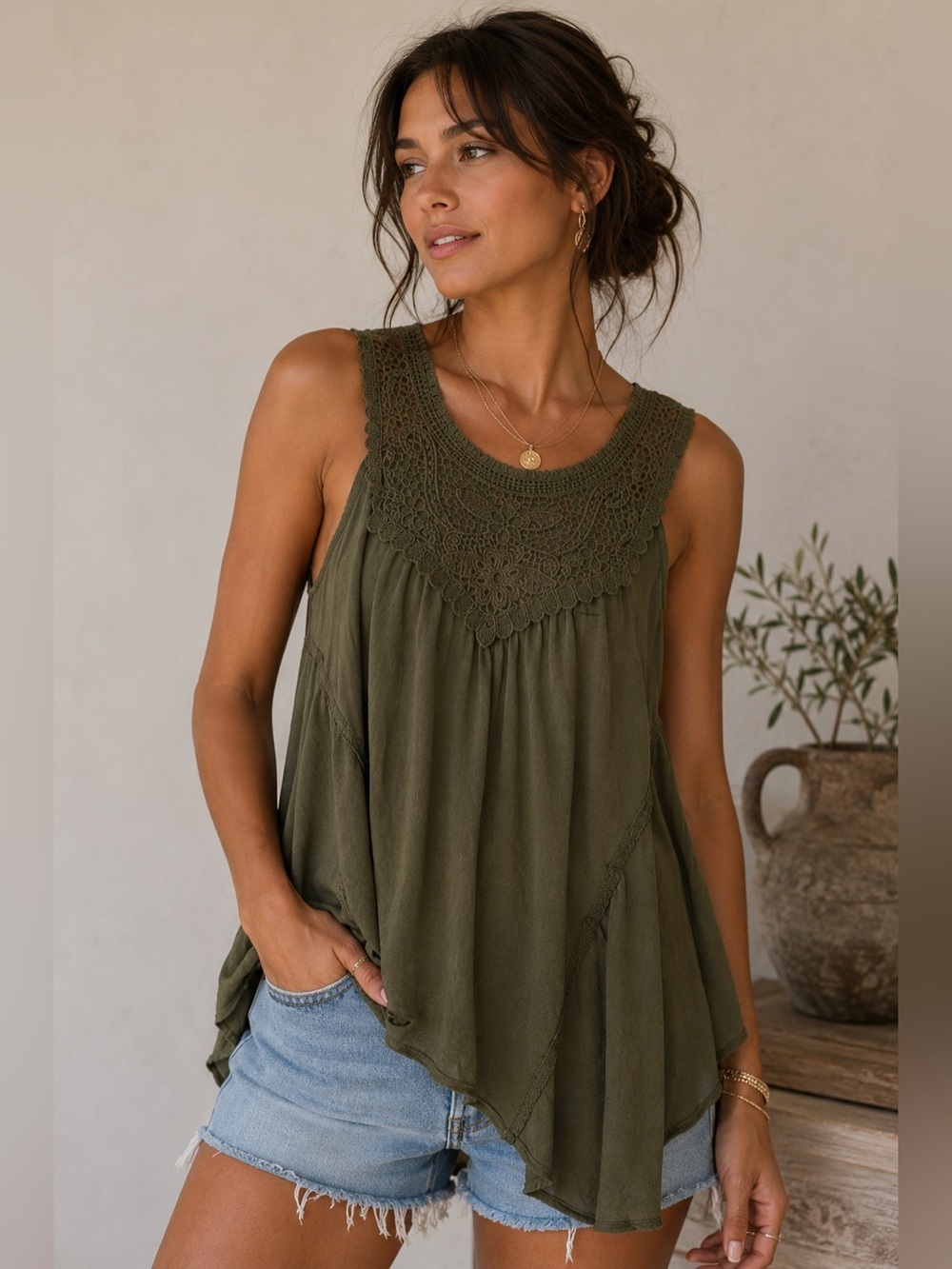 Others Follow Olive Green Lace Detail Tank Top Size S Boho Festival Cottagecore